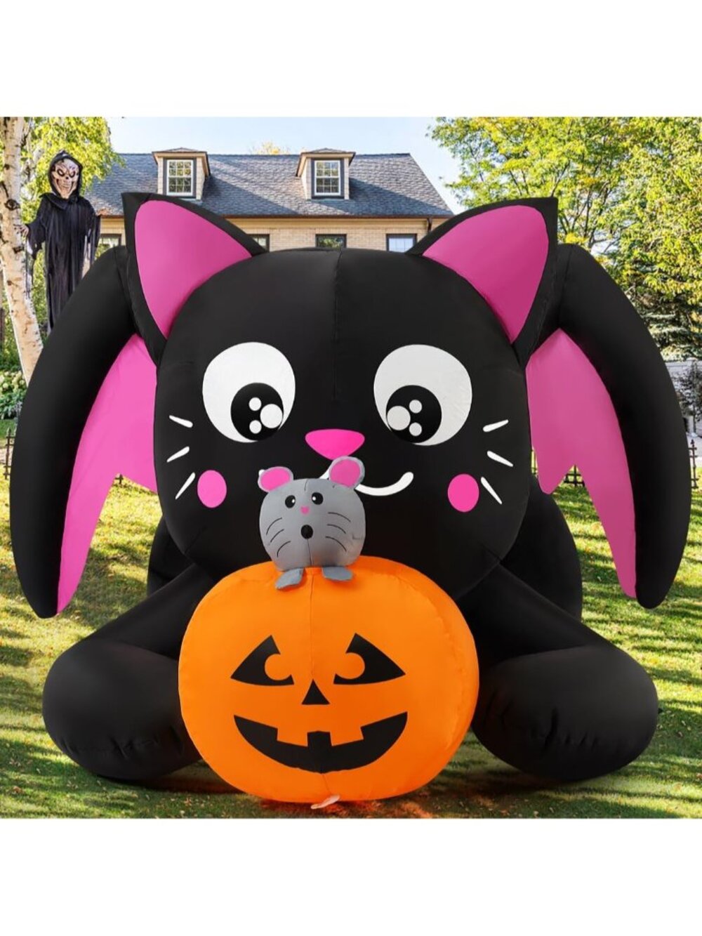 🎃5 FT Halloween Inflatables Cat with Pumpkin Built-in LED lights blow-up decor